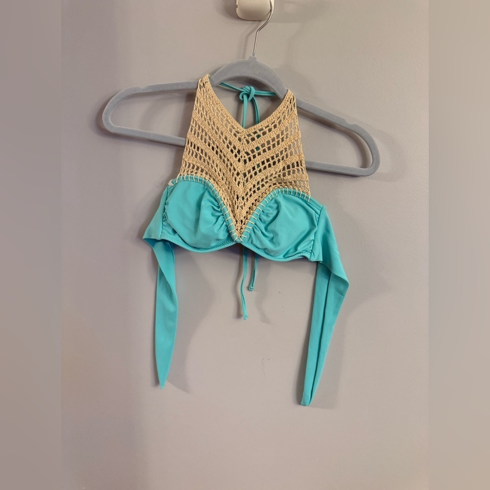 Attard State Crochet Halter Bikini Top Turquoise Boho Swim Small